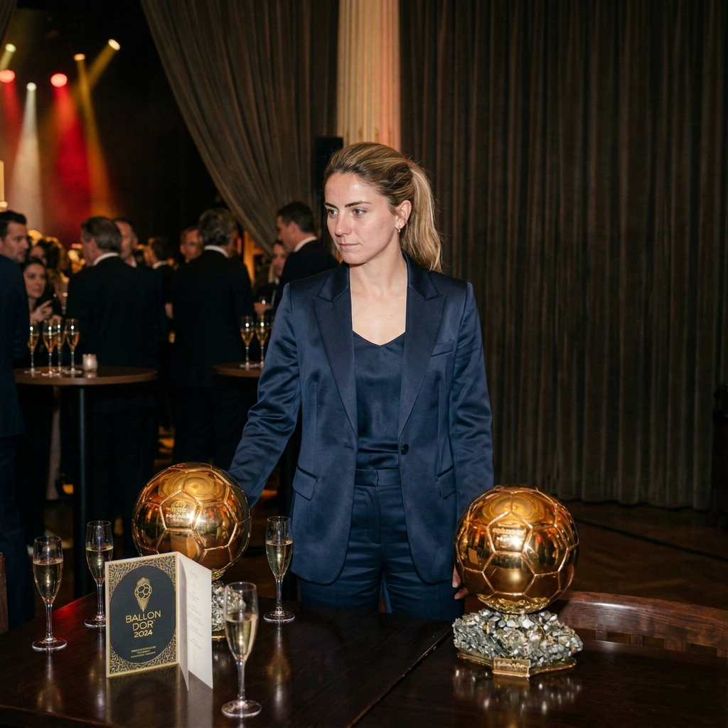 Three women beside golden trophies and Ballon d'Or 2024 programs